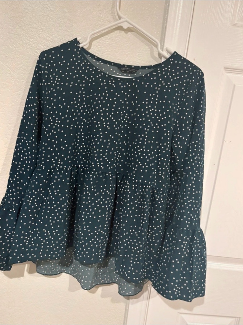 SHEIN Teal Long-Sleeve Polka Dot Peplum Blouse